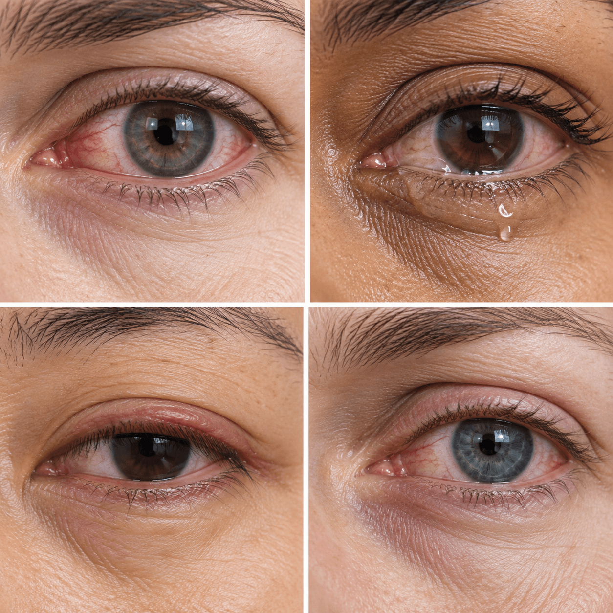 Close-up collage showing red, irritated, and watery eyes associated with dry-eye symptoms