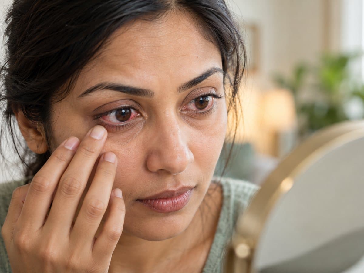 Illustrative close-up of mildly irritated eyes near the end of contact lens wear