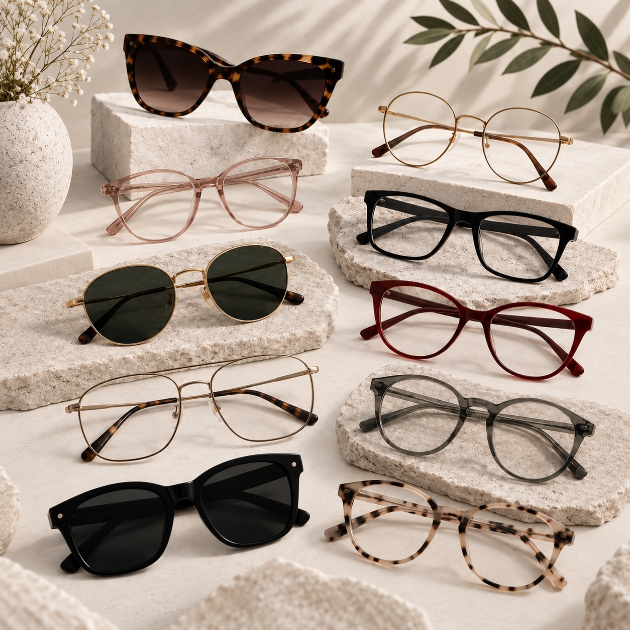 A curated assortment of eyeglass frames and sunglasses in different shapes and styles